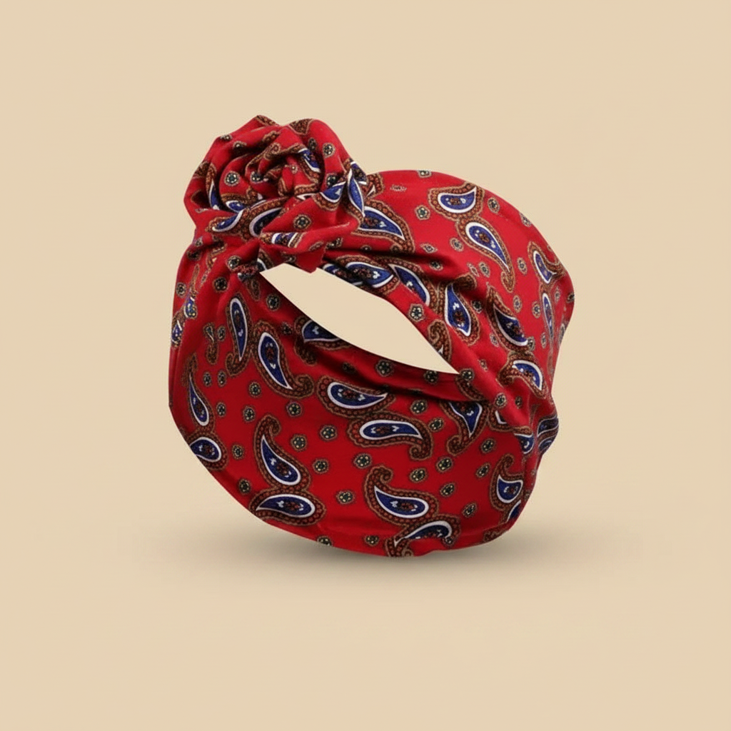 Bandeau Nœud Turban Femme Rigide Imprimé Paisley Rouge — Packshot fond beige — Les Jolies Têtes