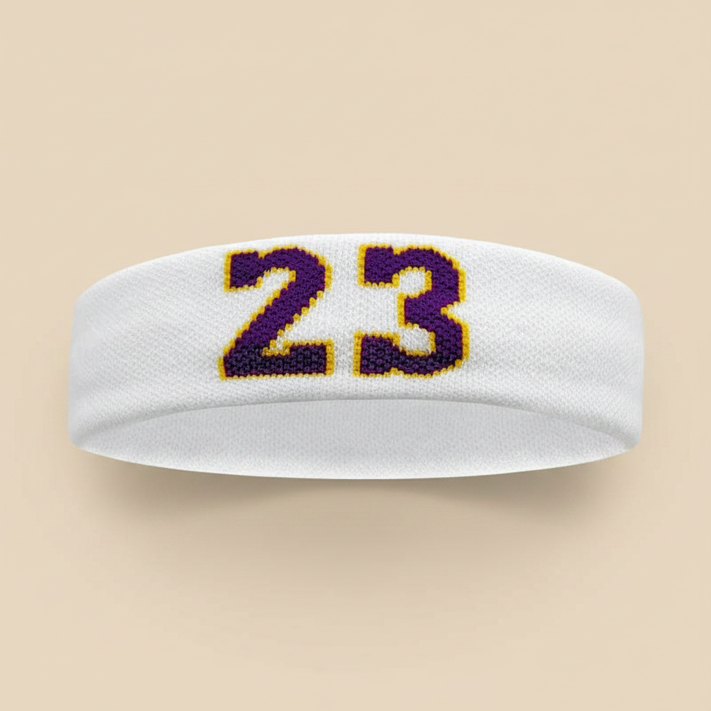 Bandeau Sport Numéro 23 Homme Blanc Violet Jaune — Packshot fond beige — Les Jolies Têtes