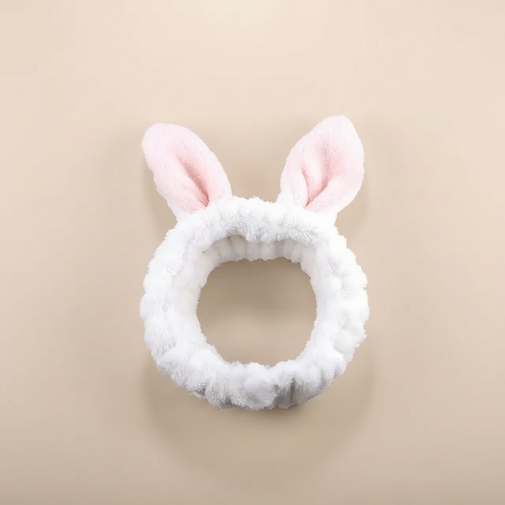Bandeau Spa Oreilles Lapin Femme Peluche Blanc — Packshot fond beige — Les Jolies Têtes