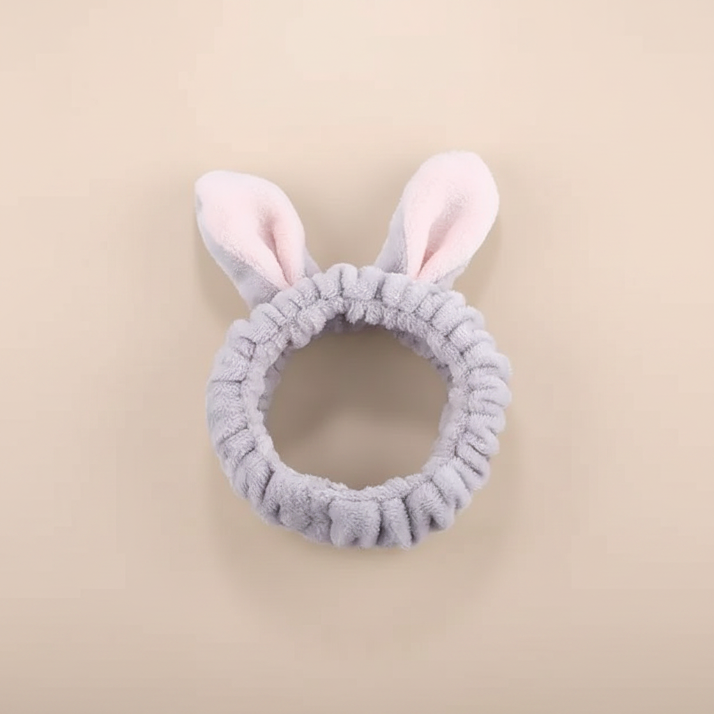 Bandeau Spa Oreilles Lapin Femme Peluche Gris — Packshot fond beige — Les Jolies Têtes