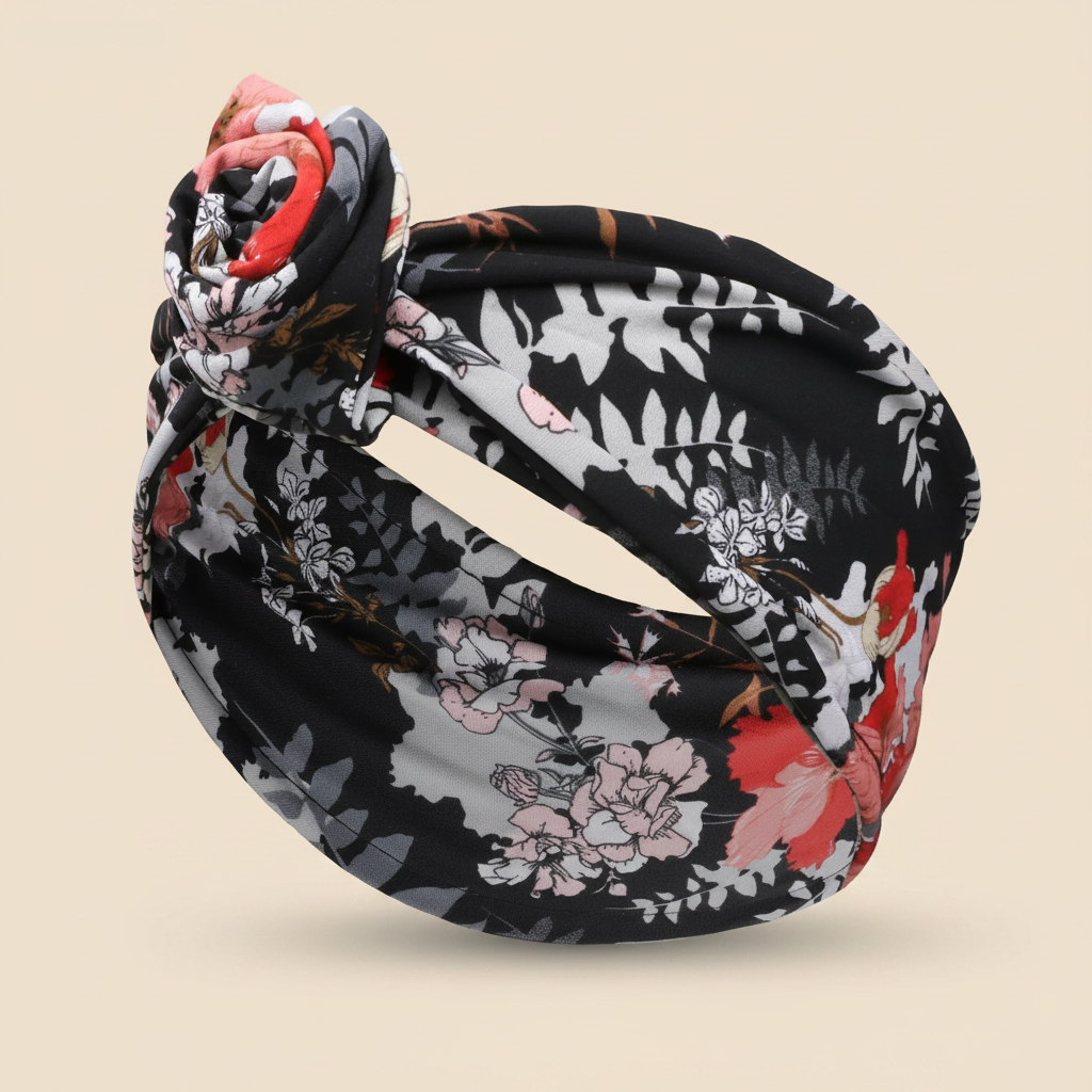 Bandeau Rosace Femme Rigide Floral Noir Corail — Packshot fond beige — Les Jolies Têtes
