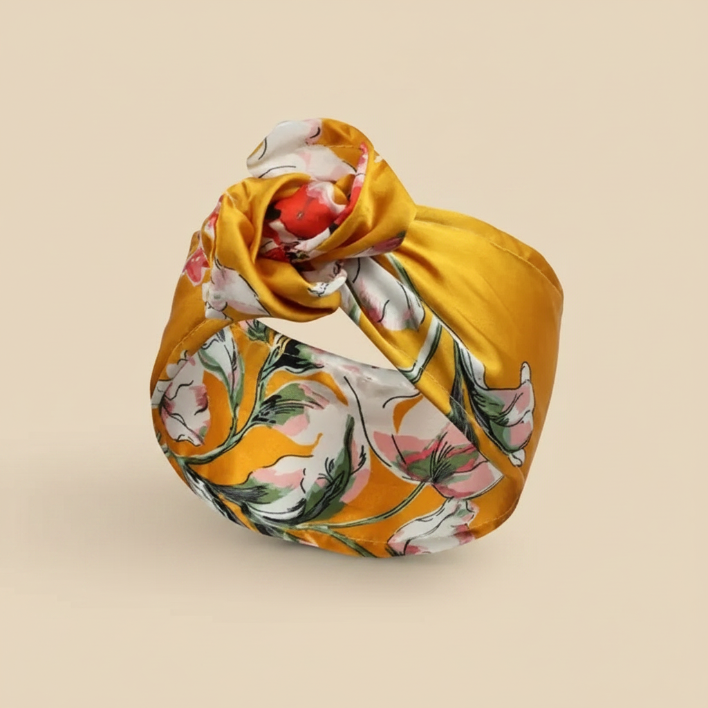 Bandeau Rosace Femme Rigide Floral Ocre Doré — Packshot fond beige — Les Jolies Têtes