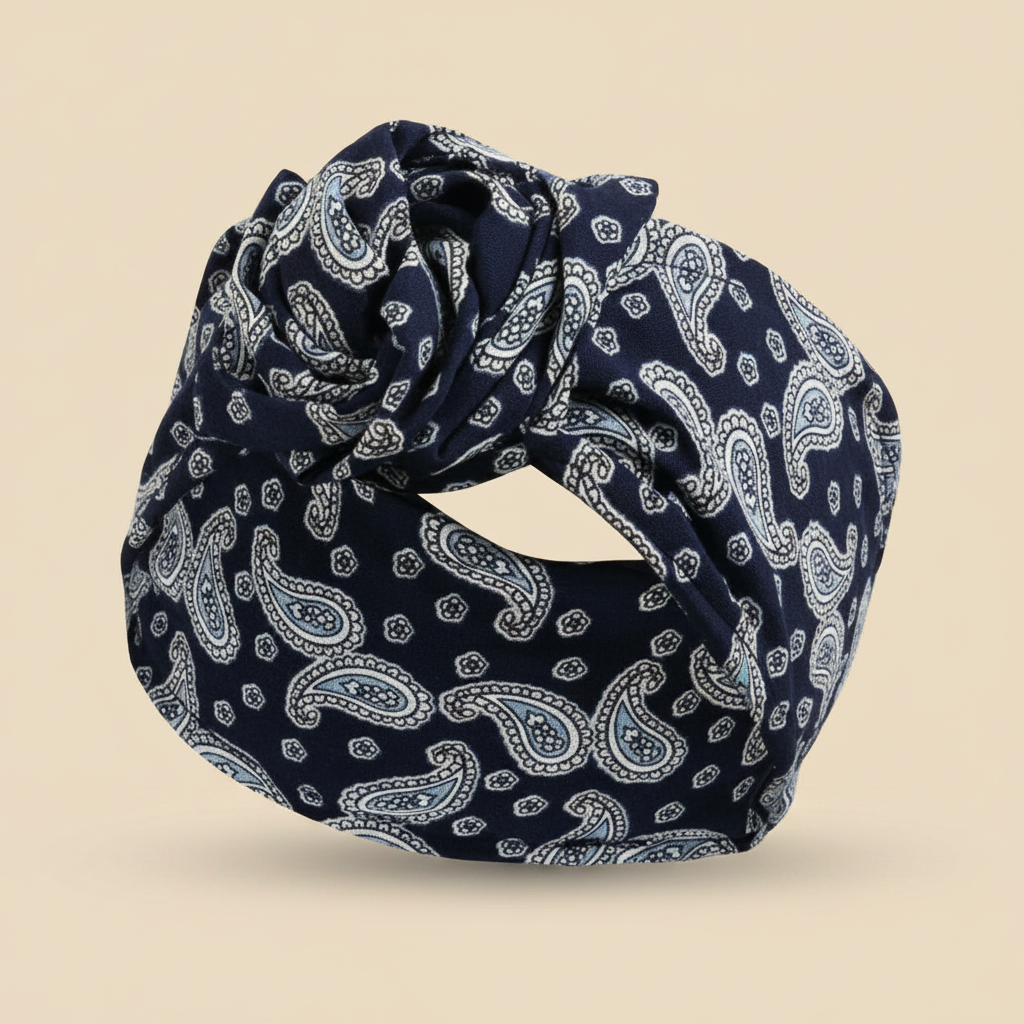 Bandeau Rosace Femme Rigide Paisley Bleu Nuit — Packshot fond beige — Les Jolies Têtes