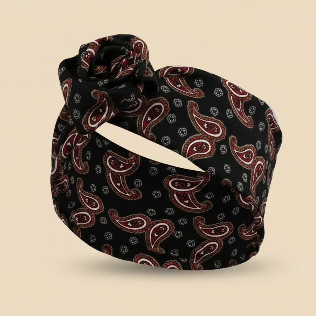 Bandeau Rosace Femme Rigide Paisley Noir Bordeaux — Packshot fond beige — Les Jolies Têtes