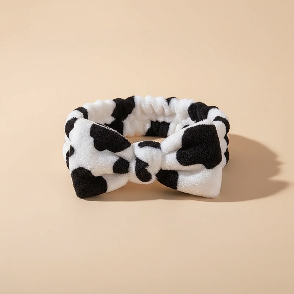 Bandeau Soin Visage Nœud Femme Peluche Blanc et Noir — Packshot fond beige — Les Jolies Têtes
