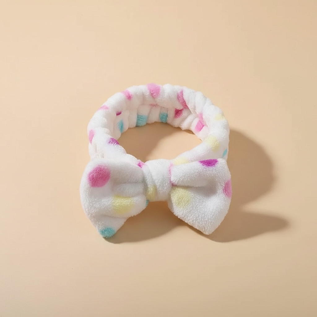 Bandeau Soin Visage Nœud Femme Peluche Multicolore Pastel — Packshot fond beige — Les Jolies Têtes