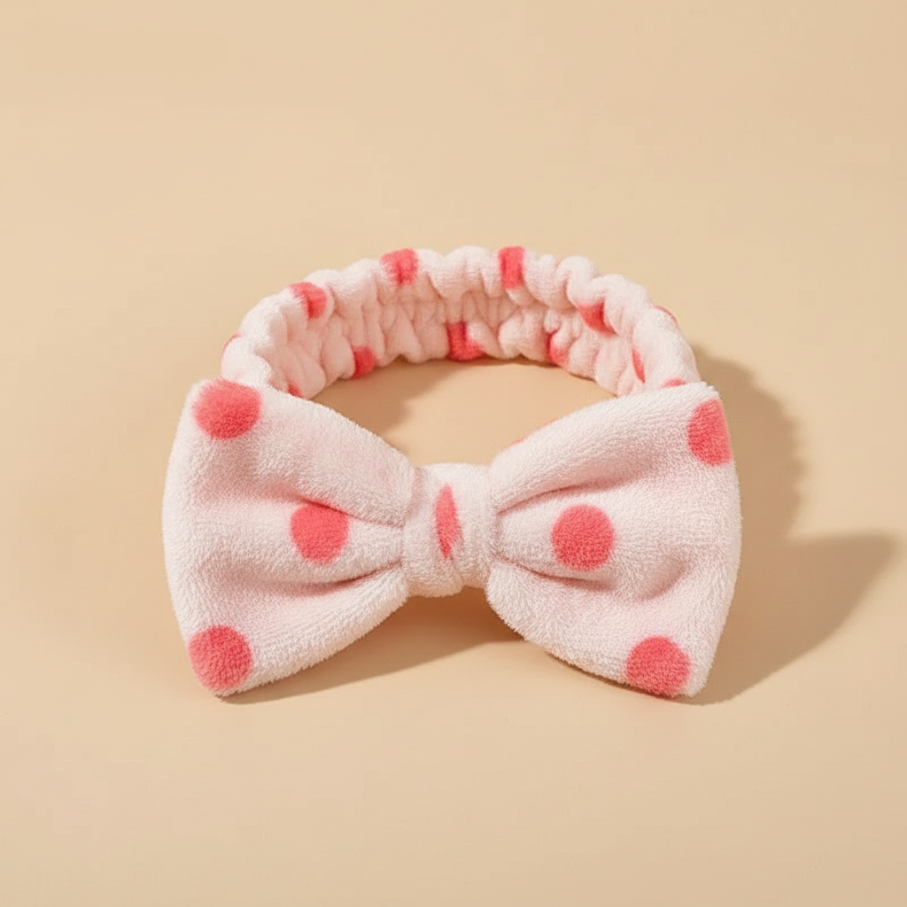 Bandeau Soin Visage Nœud Femme Peluche Rose Corail — Packshot fond beige — Les Jolies Têtes