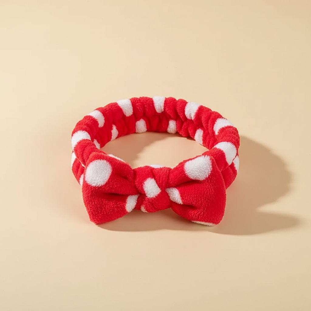 Bandeau Soin Visage Nœud Femme Peluche Rouge à Pois Blancs — Packshot fond beige — Les Jolies Têtes