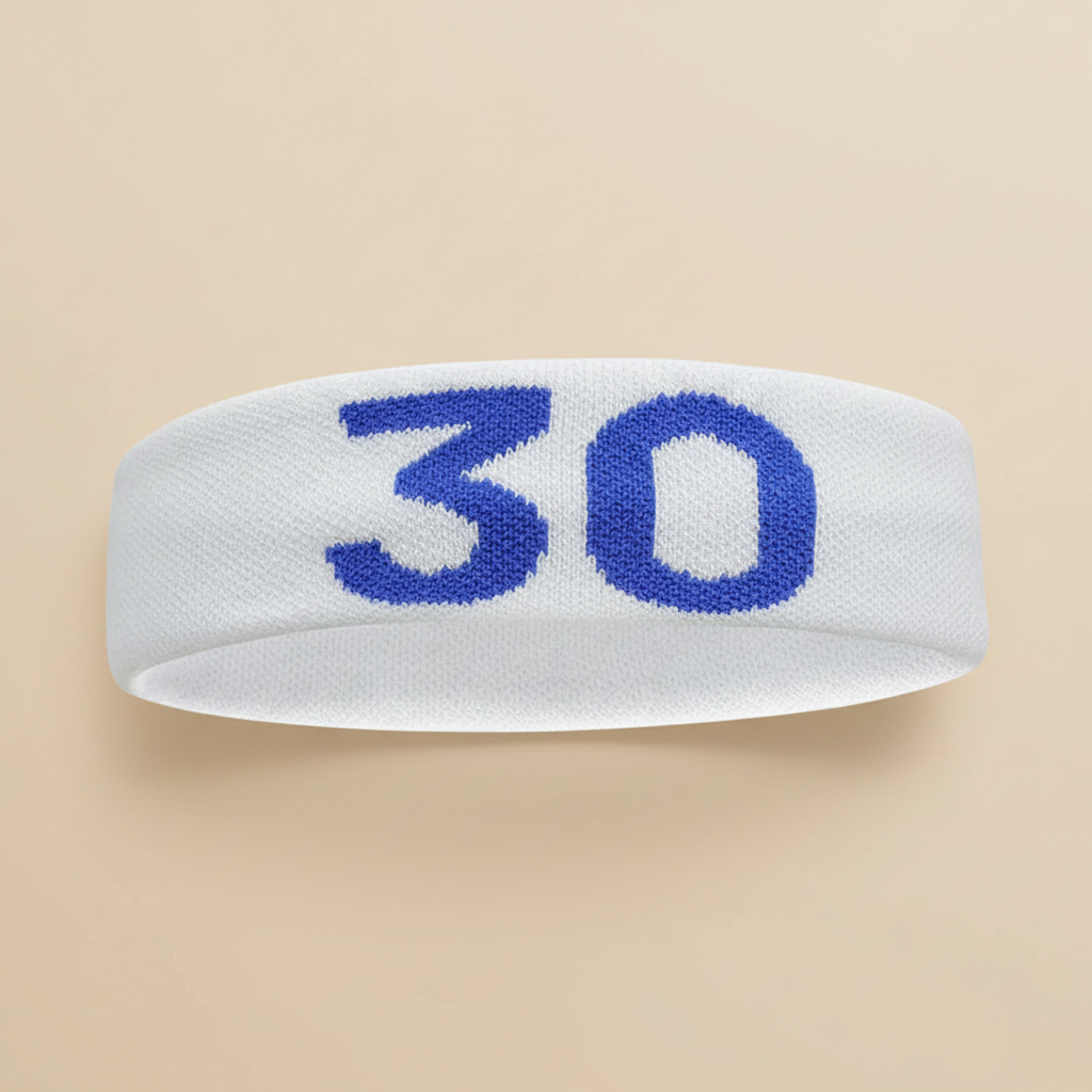Bandeau Sport Numéro 30 Homme Blanc Bleu — Packshot fond beige — Les Jolies Têtes