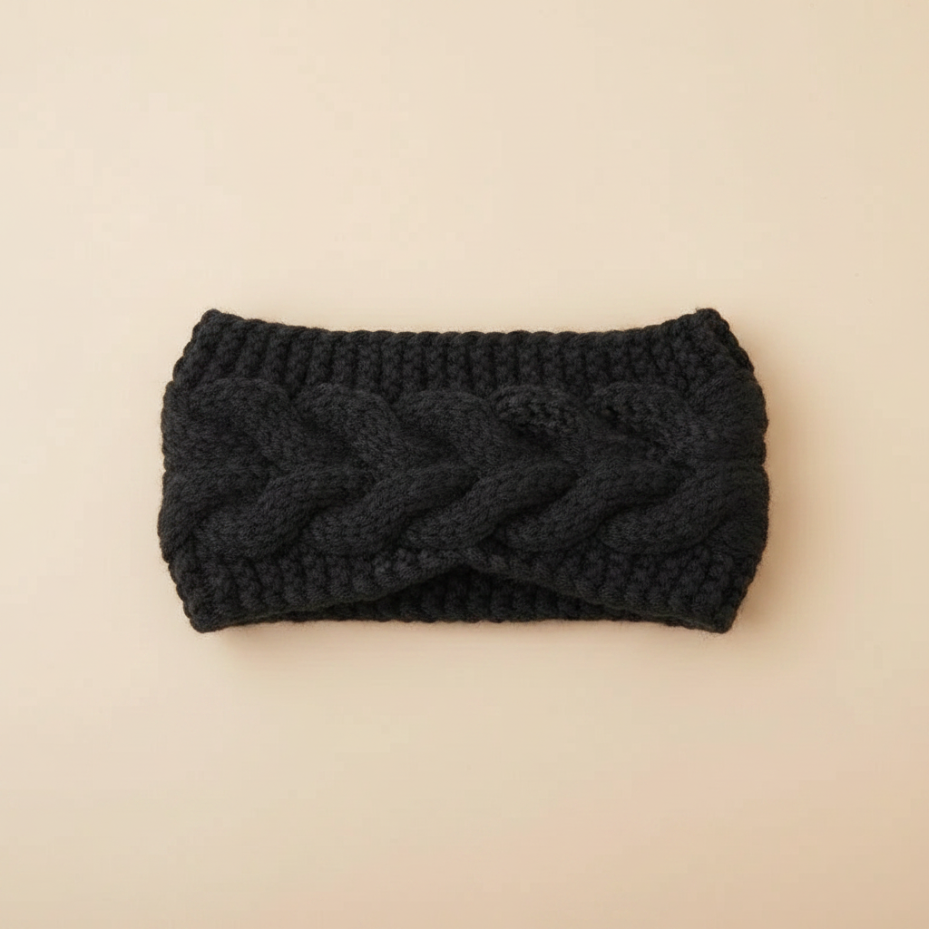 Bandeau Torsadé Femme Laine Noir — Packshot fond beige — Les Jolies Têtes