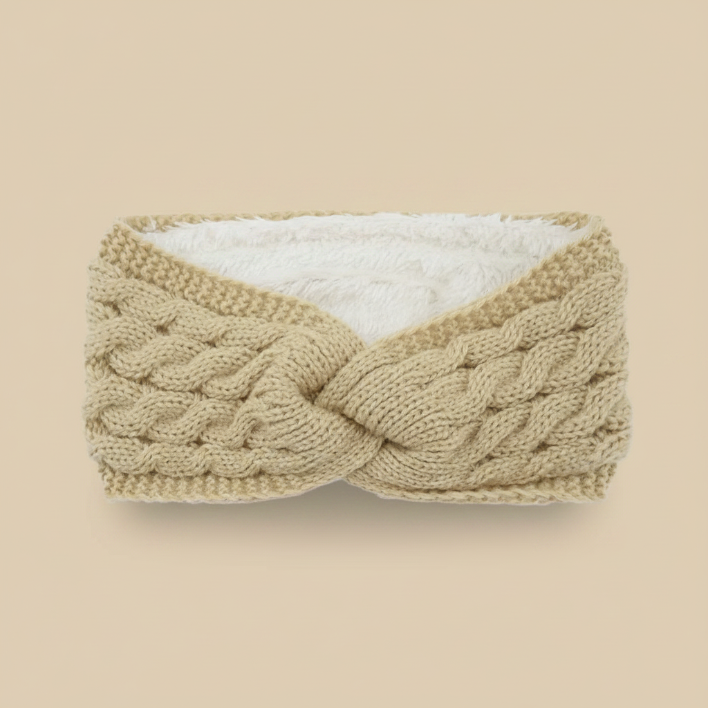 Bandeau Torsadé Femme Maille Doublure Polaire Beige Lin — Packshot fond beige — Les Jolies Têtes