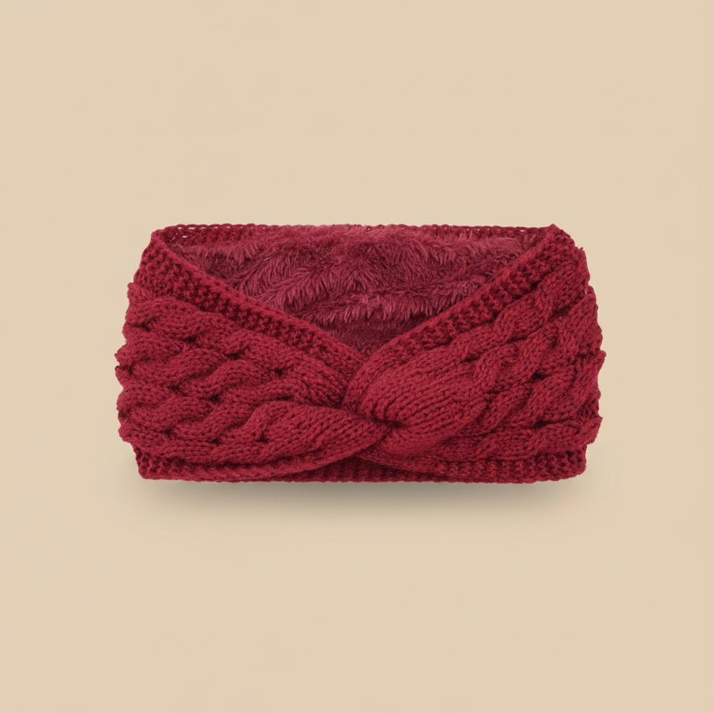 Bandeau Torsadé Femme Maille Doublure Polaire Bordeaux — Packshot fond beige — Les Jolies Têtes