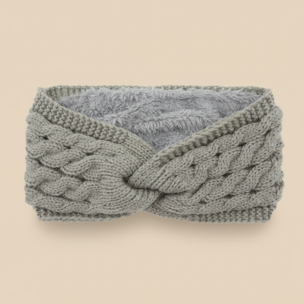 Bandeau Torsadé Femme Maille Doublure Polaire Gris Perle — Packshot fond beige — Les Jolies Têtes