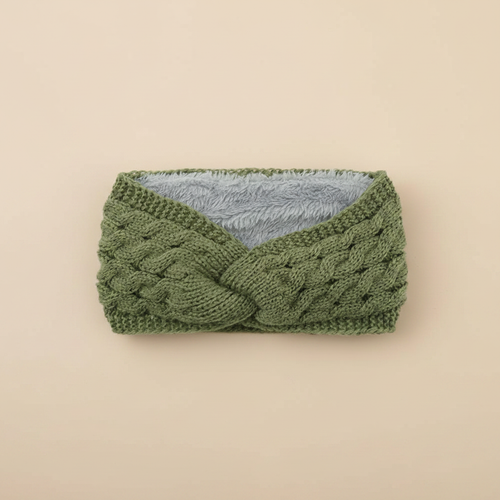 Bandeau Torsadé Femme Maille Doublure Polaire Vert Sauge — Packshot fond beige — Les Jolies Têtes