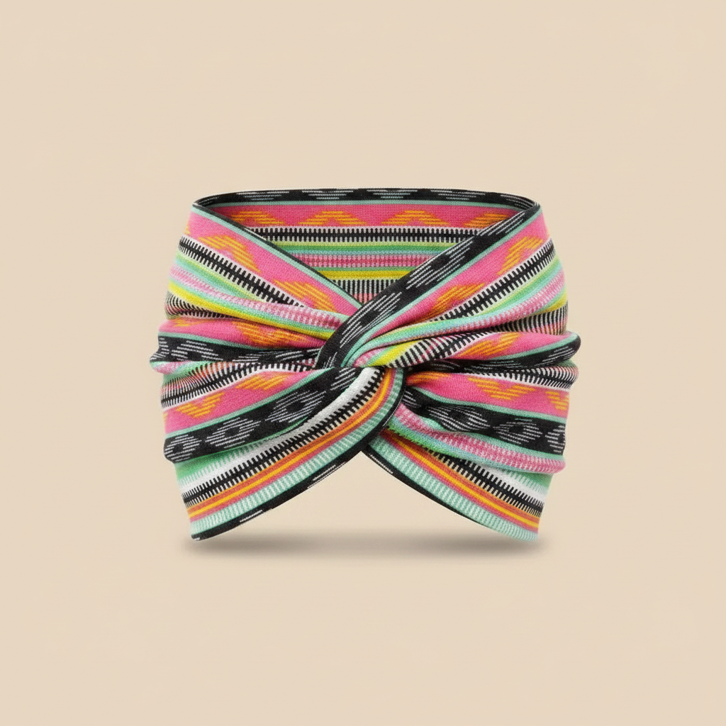 Bandeau Turban Croisé Femme Tissu Motif Ethnique Multicolore — Packshot fond beige — Les Jolies Têtes