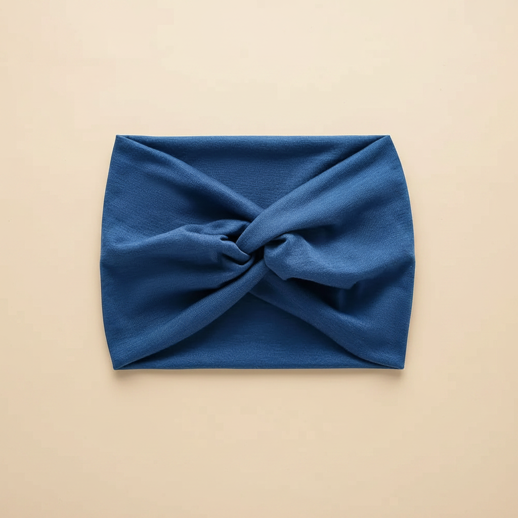 Bandeau Turban Femme Tissu Extensible Bleu Denim — Packshot fond beige — Les Jolies Têtes