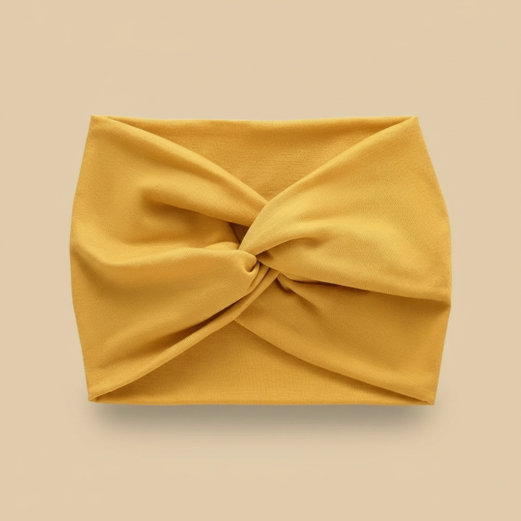 Bandeau Turban Femme Tissu Extensible Jaune Curcuma — Packshot fond beige — Les Jolies Têtes
