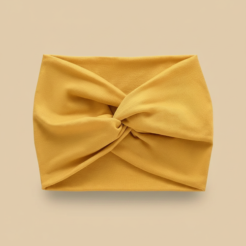 Bandeau Turban Femme Tissu Extensible Jaune Curcuma — Packshot fond beige — Les Jolies Têtes