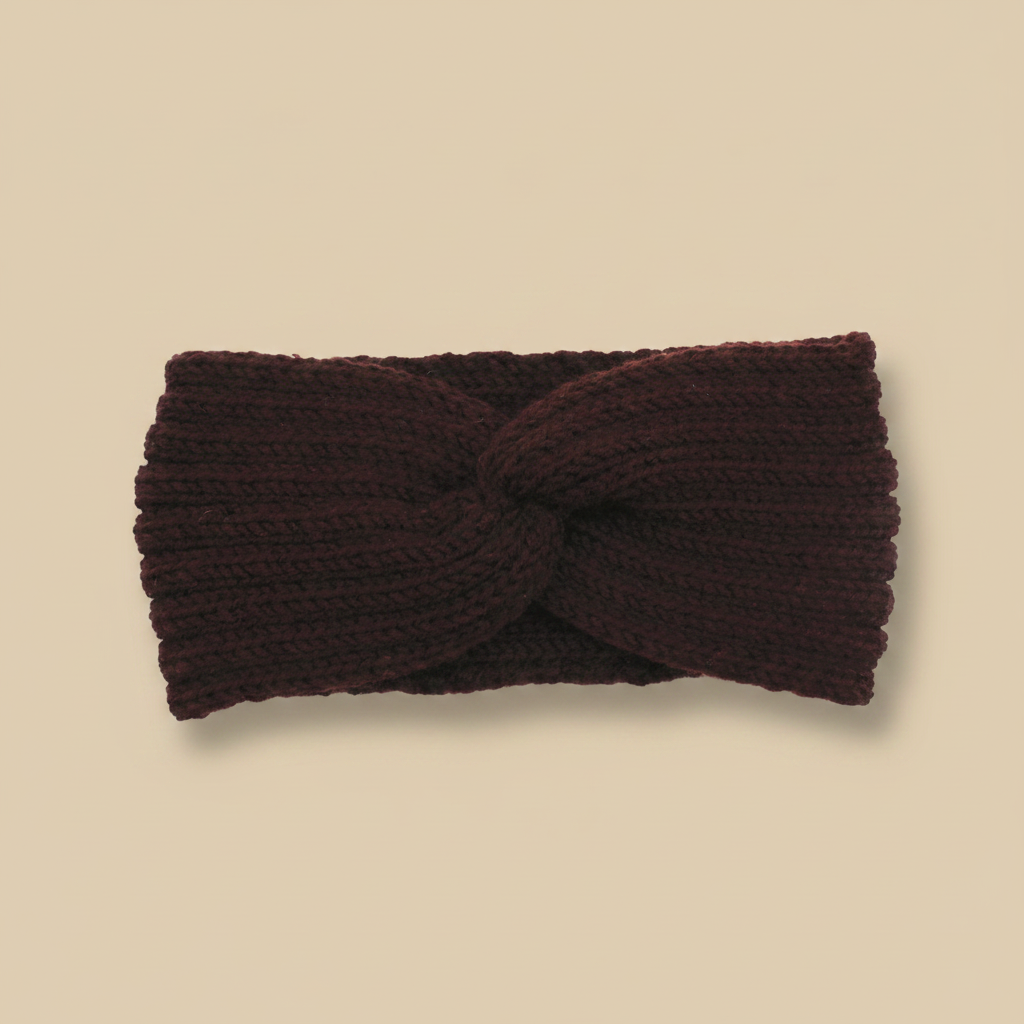 Bandeau Twist Femme Laine Bordeaux Foncé — Packshot fond beige — Les Jolies Têtes