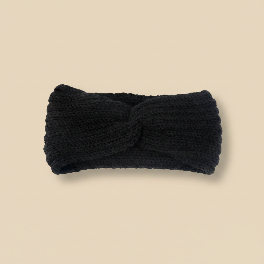 Bandeau Twist Femme Laine Noir — Packshot fond beige — Les Jolies Têtes