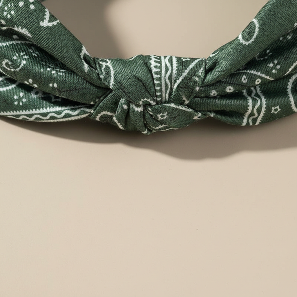 Bandeau Cheveux Bandana Femme Tissu Vert Foncé et Blanc — Détail matière