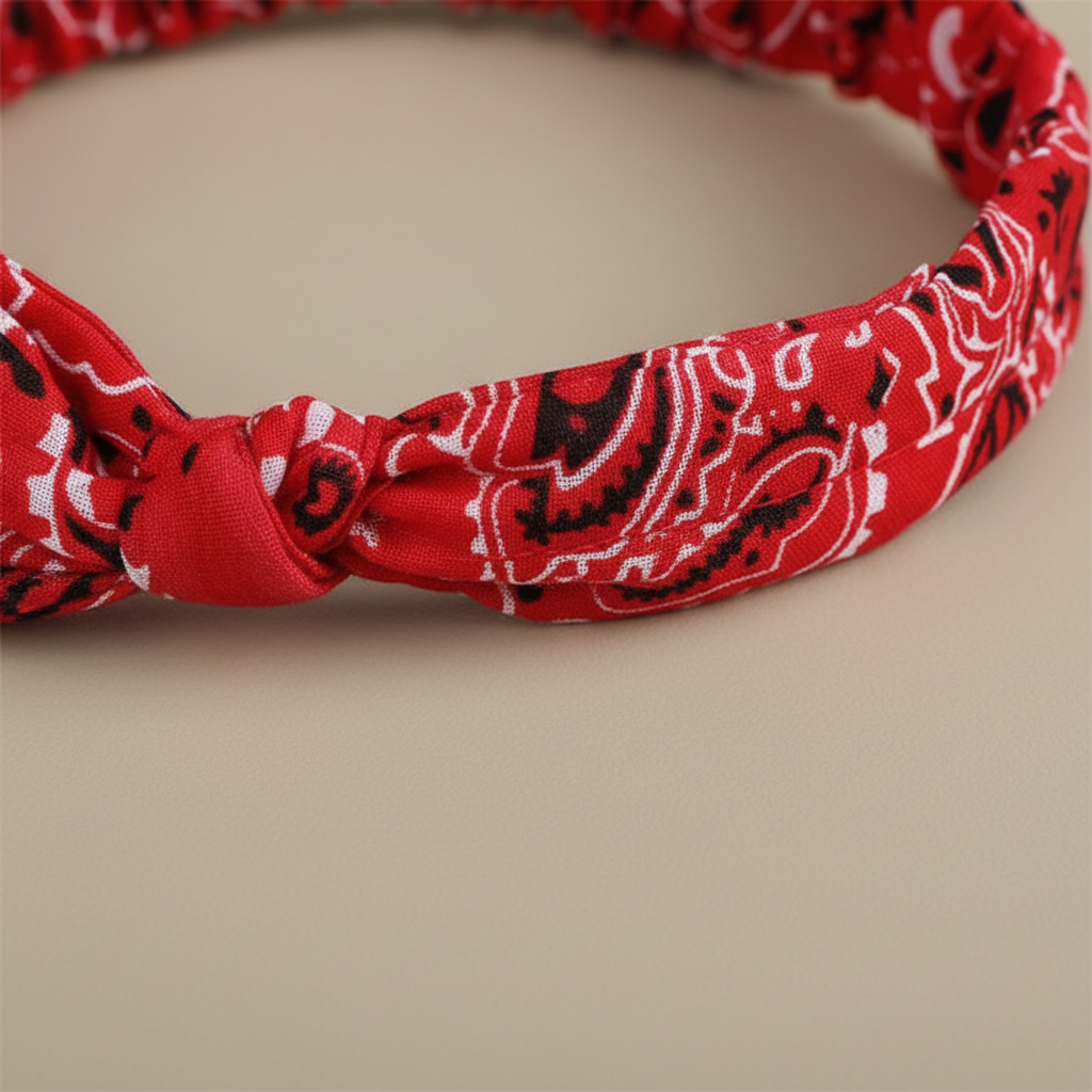 Bandeau Cheveux Bandana Femme Tissu Rouge Blanc Noir — Détail matière