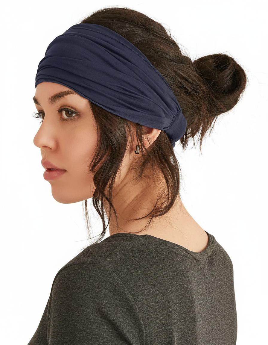 Bandeau Cheveux Uni Femme Tissu Bleu Marine — porté de profil