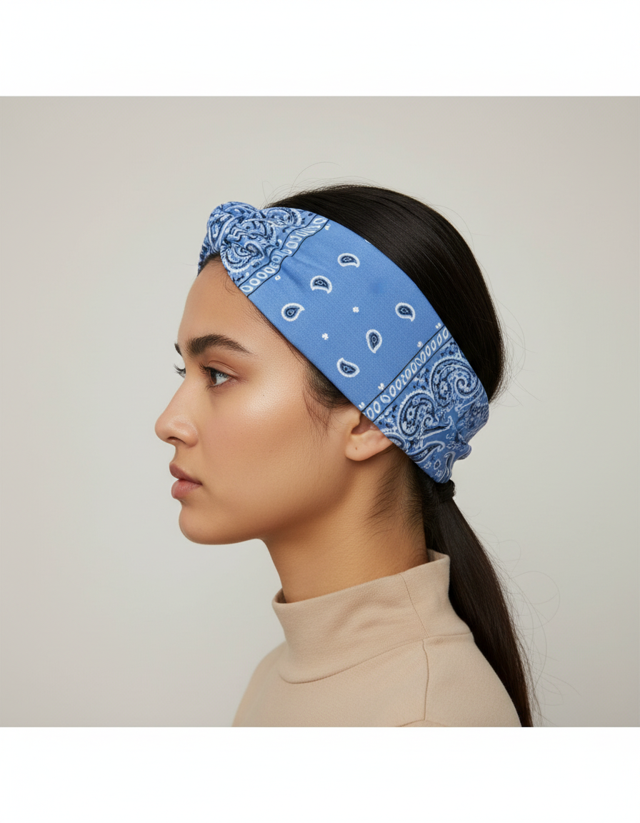Bandeau Cheveux Bandana Torsadé Femme Tissu Bleu — porté de profil