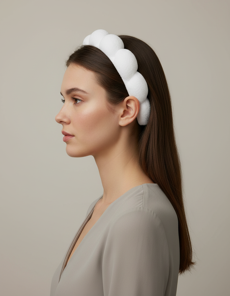 Bandeau Cheveux Matelassé Femme Éponge Blanc — porté de profil