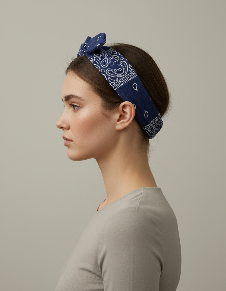 Bandeau Cheveux Bandana Femme Tissu Bleu Marine Blanc (Paisley) — porté de profil