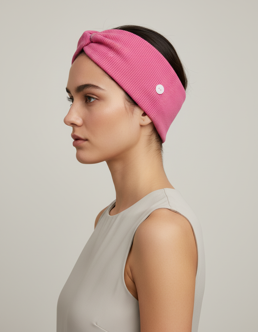 Bandeau Cheveux Torsadé Femme Tissu Rose — porté de profil