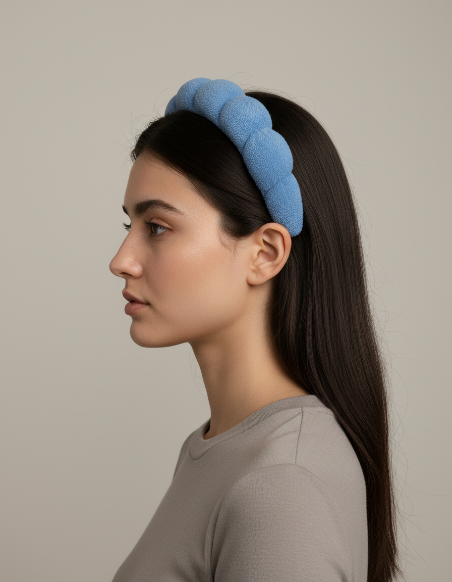 Bandeau Cheveux Matelassé Femme Éponge Bleu — porté de profil