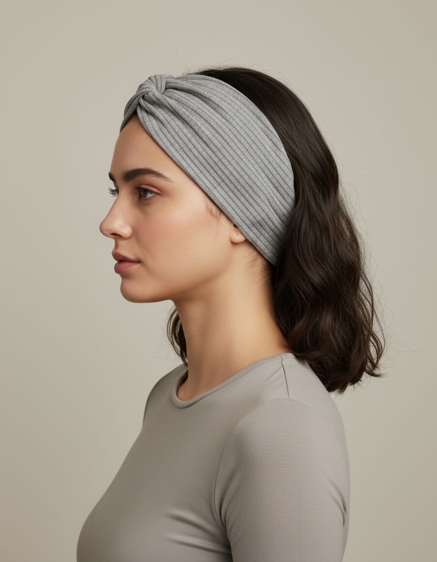 Bandeau Cheveux Torsadé Femme Côtelé Gris Clair — porté de profil