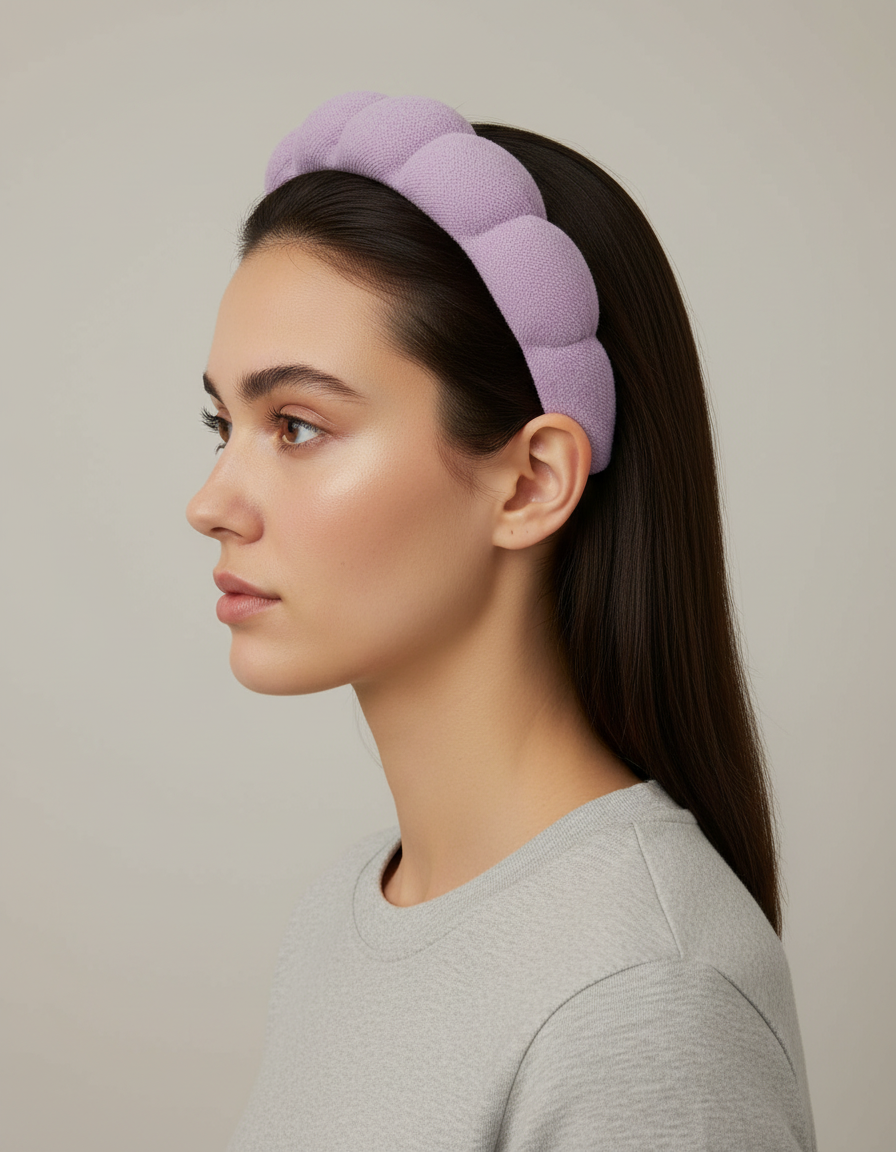 Bandeau Cheveux Matelassé Femme Éponge Lilas — porté de profil