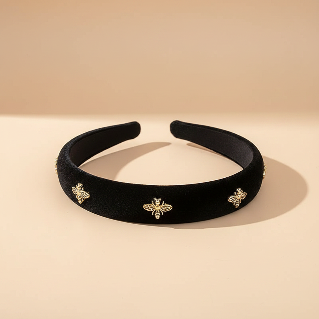 Serre Tête Rembourré Abeilles Femme Velours Noir Or — Packshot fond beige — Les Jolies Têtes