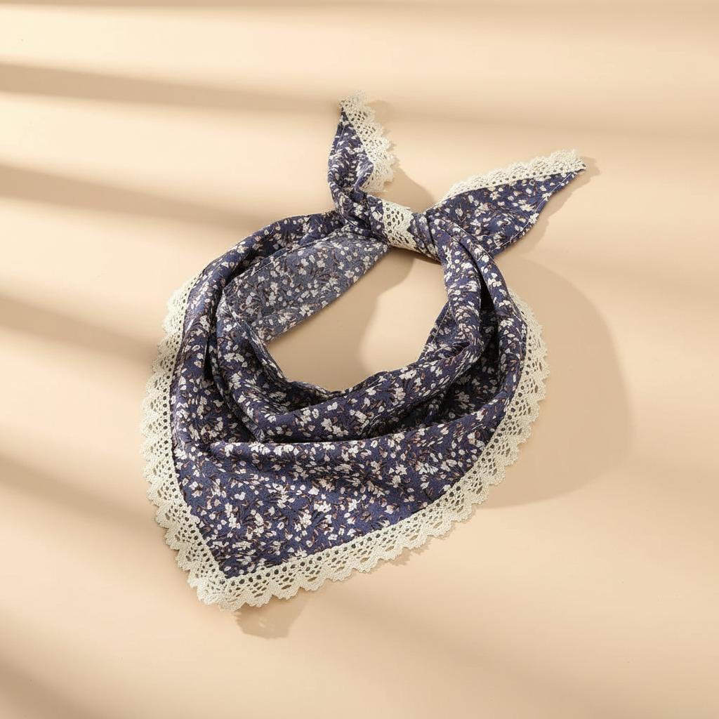 Bandeau Femme Tissu Dentelle Bleu Nuit Fleuri — Packshot fond beige — Les Jolies Têtes