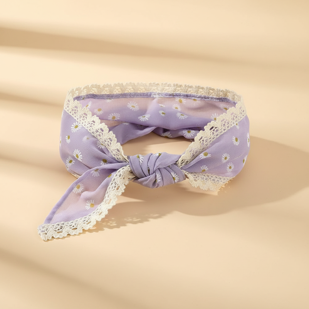 Bandeau Champêtre Femme Tissu Dentelle Lilas — Packshot fond beige — Les Jolies Têtes