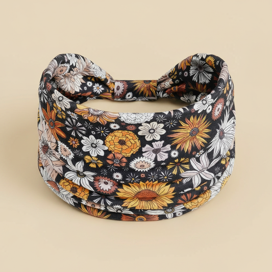 Bandeau Cheveux Fleurs Femme Tissu Noir, Jaune et Blanc — Packshot fond beige — Les Jolies Têtes