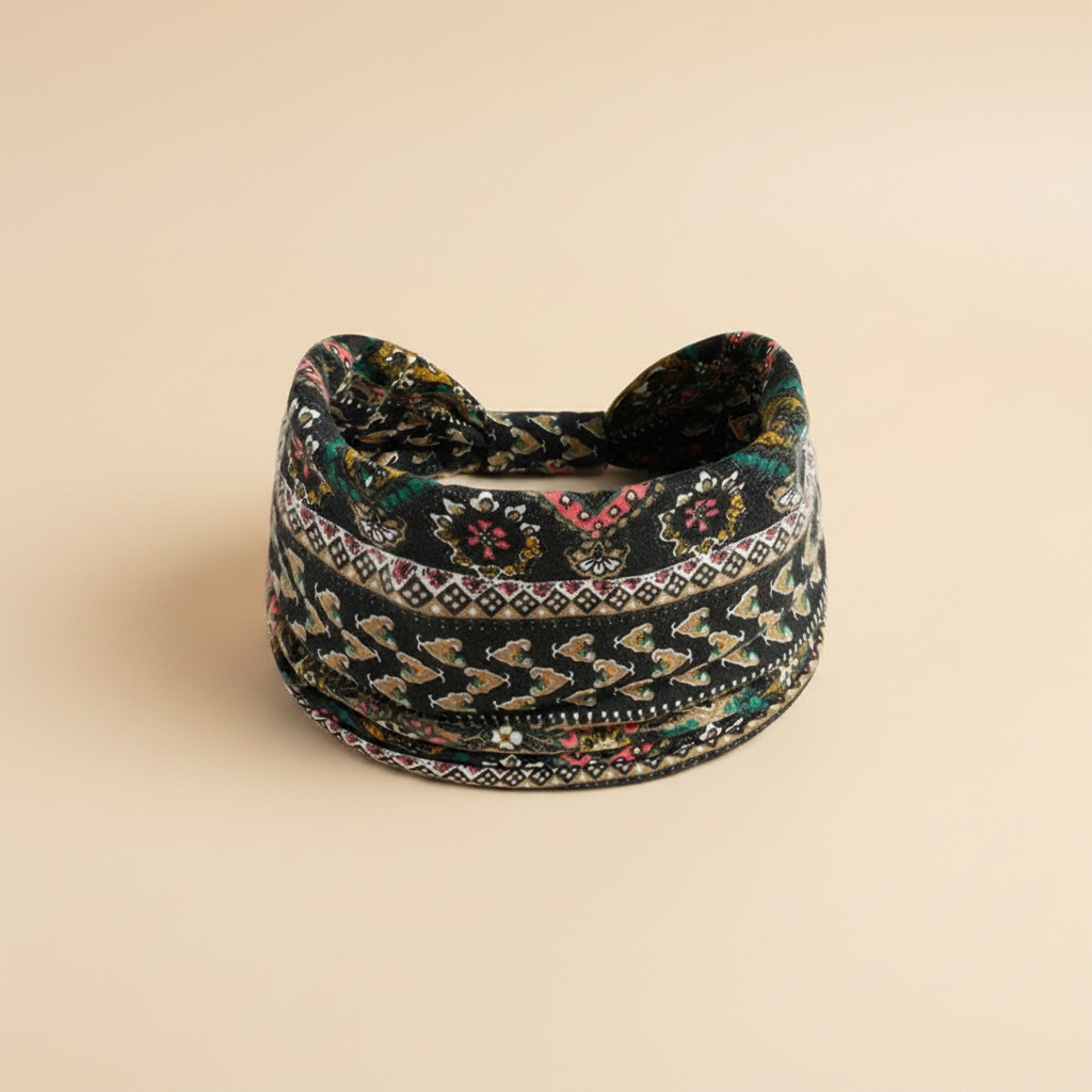 Bandeau Cheveux Ethnique Femme Tissu Noir et Multicolore — Packshot fond beige — Les Jolies Têtes