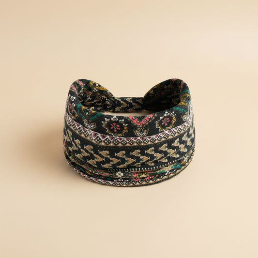 Bandeau Cheveux Ethnique Femme Tissu Noir et Multicolore — Packshot fond beige — Les Jolies Têtes