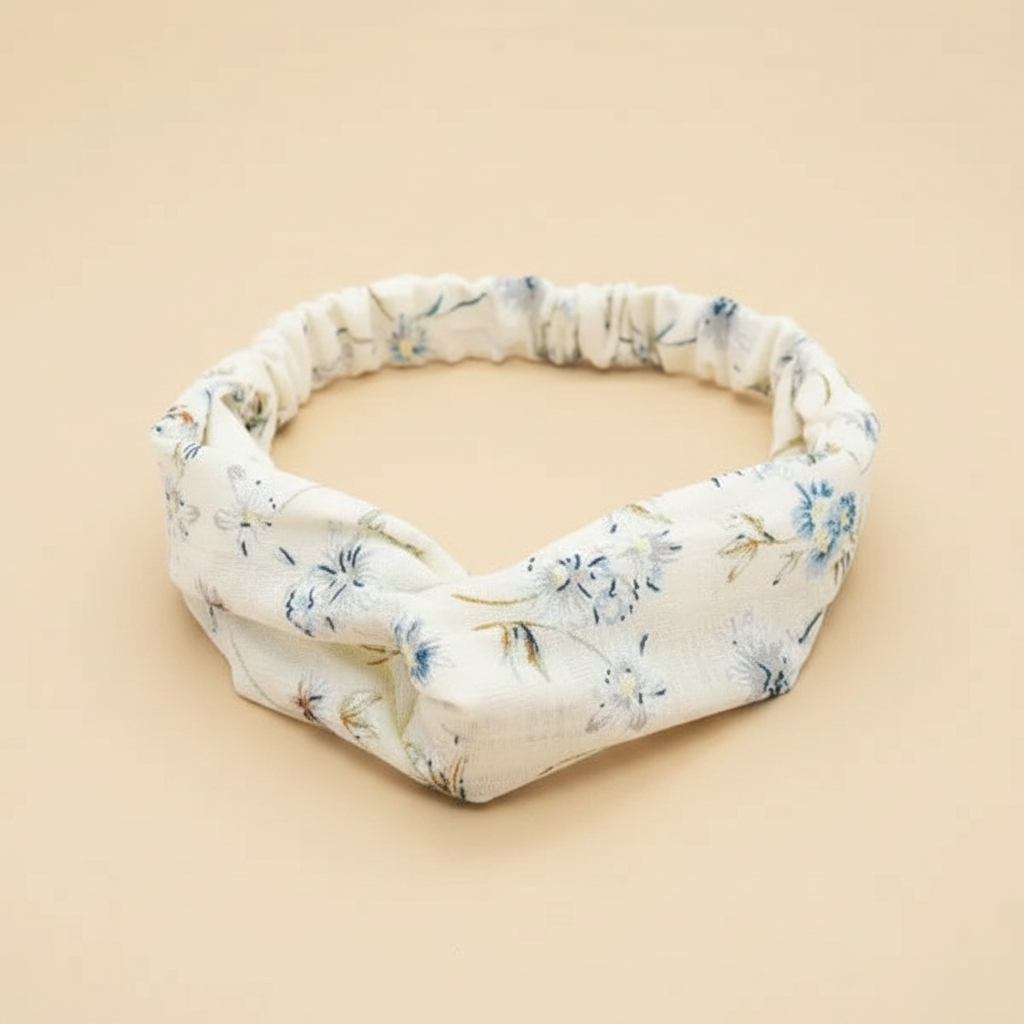 Bandeau Cheveux Fleurs Femme Tissu Blanc Cassé Bleu — Packshot fond beige — Les Jolies Têtes