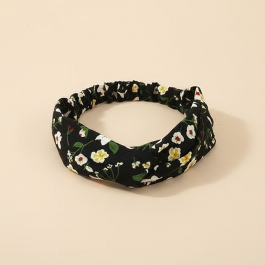Bandeau Cheveux Fleurs Femme Tissu Noir Jaune Blanc — Packshot fond beige — Les Jolies Têtes
