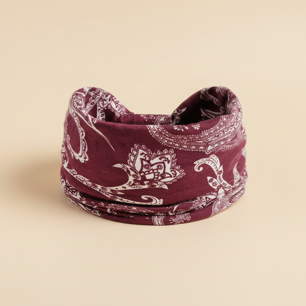 Bandeau Cheveux Bandana Femme Tissu Bordeaux et Blanc — Packshot fond beige — Les Jolies Têtes