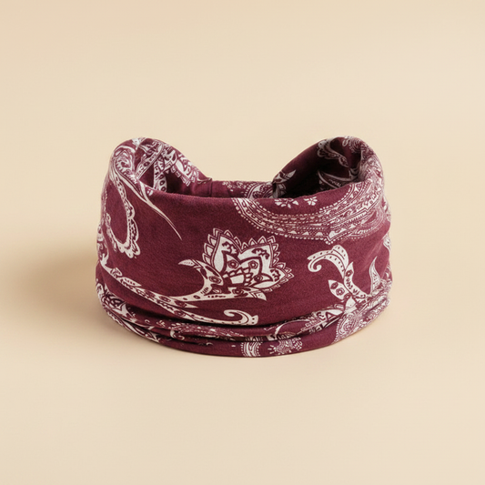 Bandeau Cheveux Bandana Femme Tissu Bordeaux et Blanc — Packshot fond beige — Les Jolies Têtes