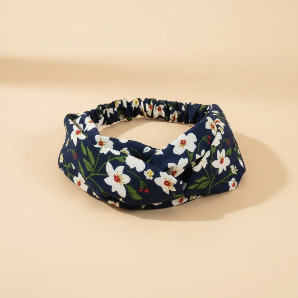 Bandeau Cheveux Fleurs Femme Tissu Bleu Marine Blanc — Packshot fond beige — Les Jolies Têtes