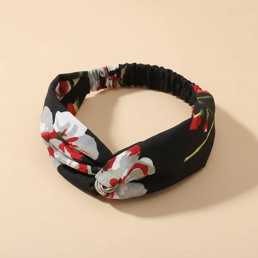 Bandeau Cheveux Fleurs Femme Tissu Noir Rouge Blanc — Packshot fond beige — Les Jolies Têtes