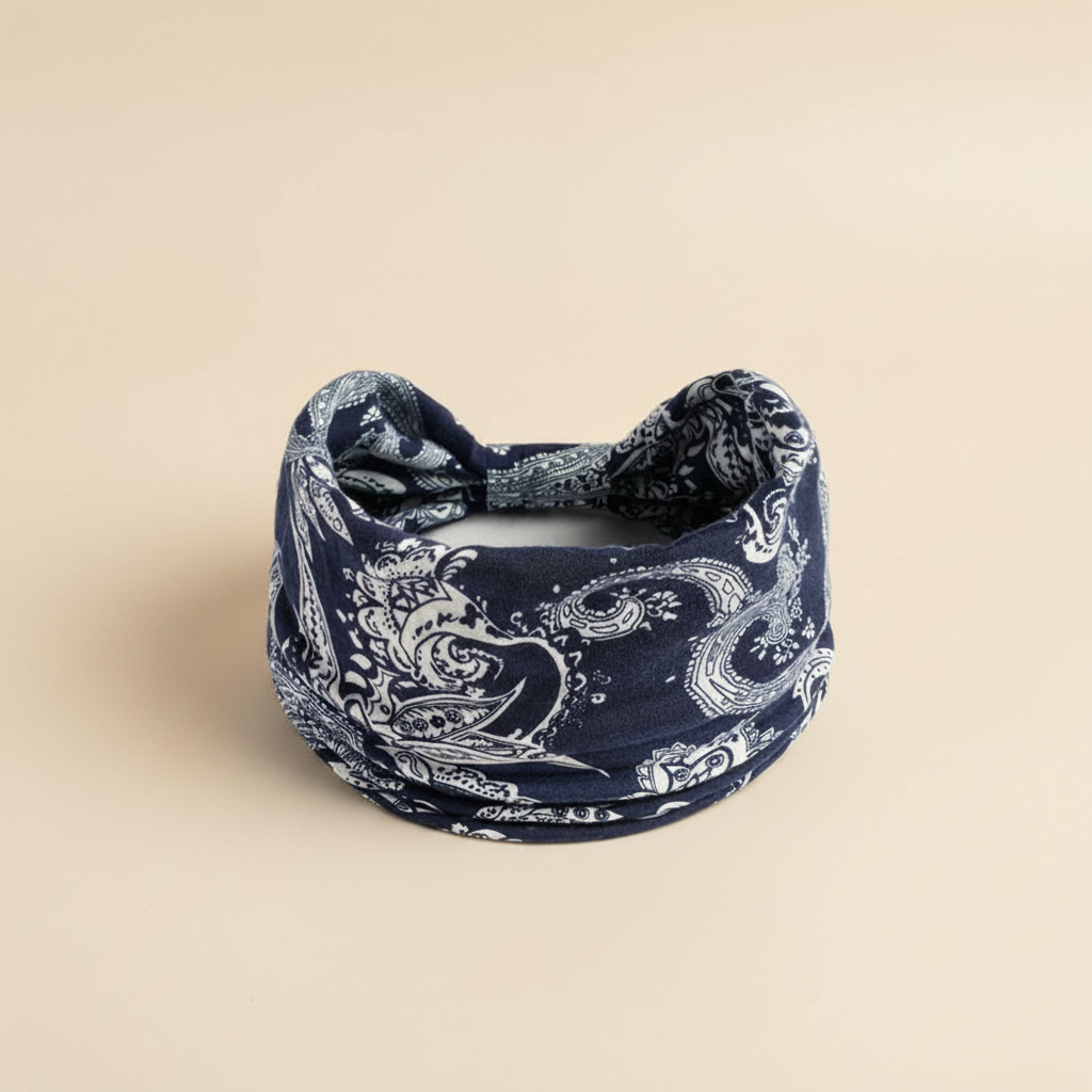 Bandeau Cheveux Bandana Femme Tissu Bleu Marine et Blanc — Packshot fond beige — Les Jolies Têtes