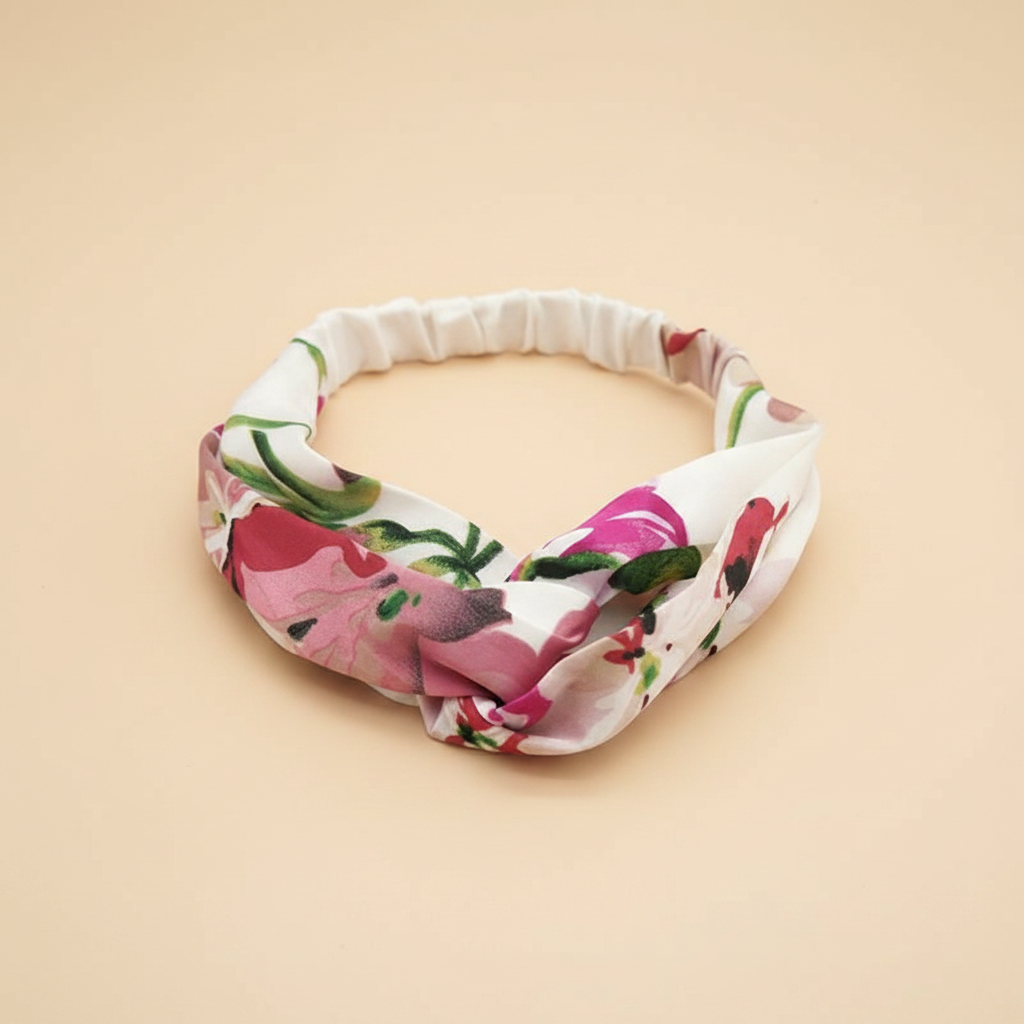 Bandeau Cheveux Fleurs Femme Tissu Blanc Rose — Packshot fond beige — Les Jolies Têtes