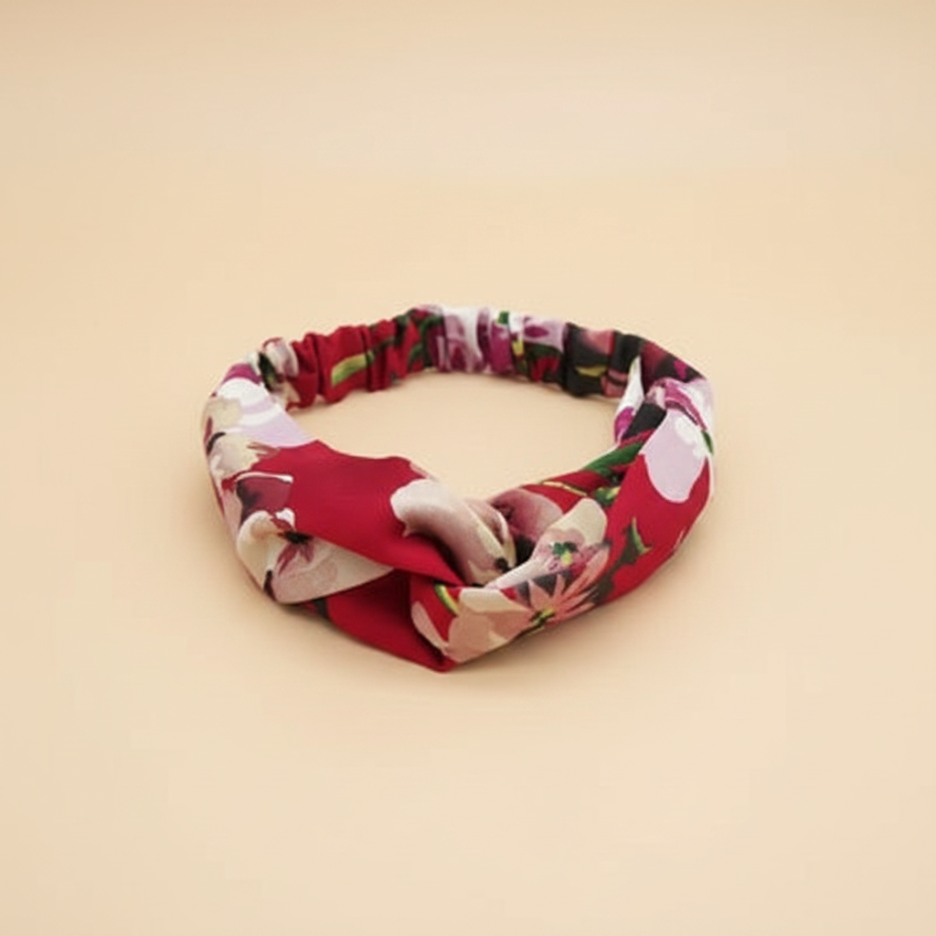 Bandeau Cheveux Fleurs Femme Tissu Rouge Bordeaux Blanc — Packshot fond beige — Les Jolies Têtes