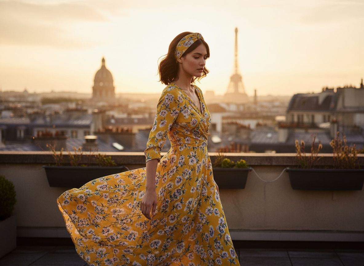 Bandeau Croisé Femme Tissu Jaune Moutarde Fleuri